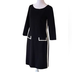 Lauren Ralph Lauren Black Knit Midi Dress White Trim Sz S 3/4 Sleeves Boat Neck